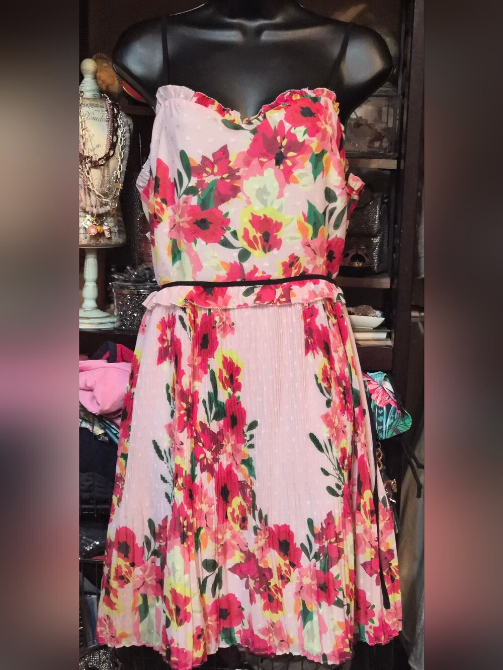 Foxiedox Floral Pleated Party Dress Womens XL Multicolor Spaghetti Strep New NWT